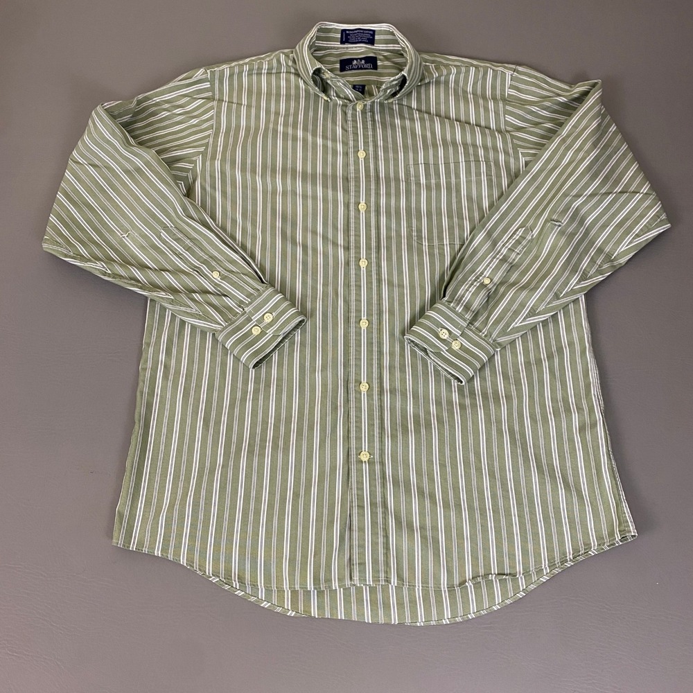 Stafford Dress Shirt Mens 15.5 34-35 Micro Pinpoint Oxford Green Striped *Flaw*
